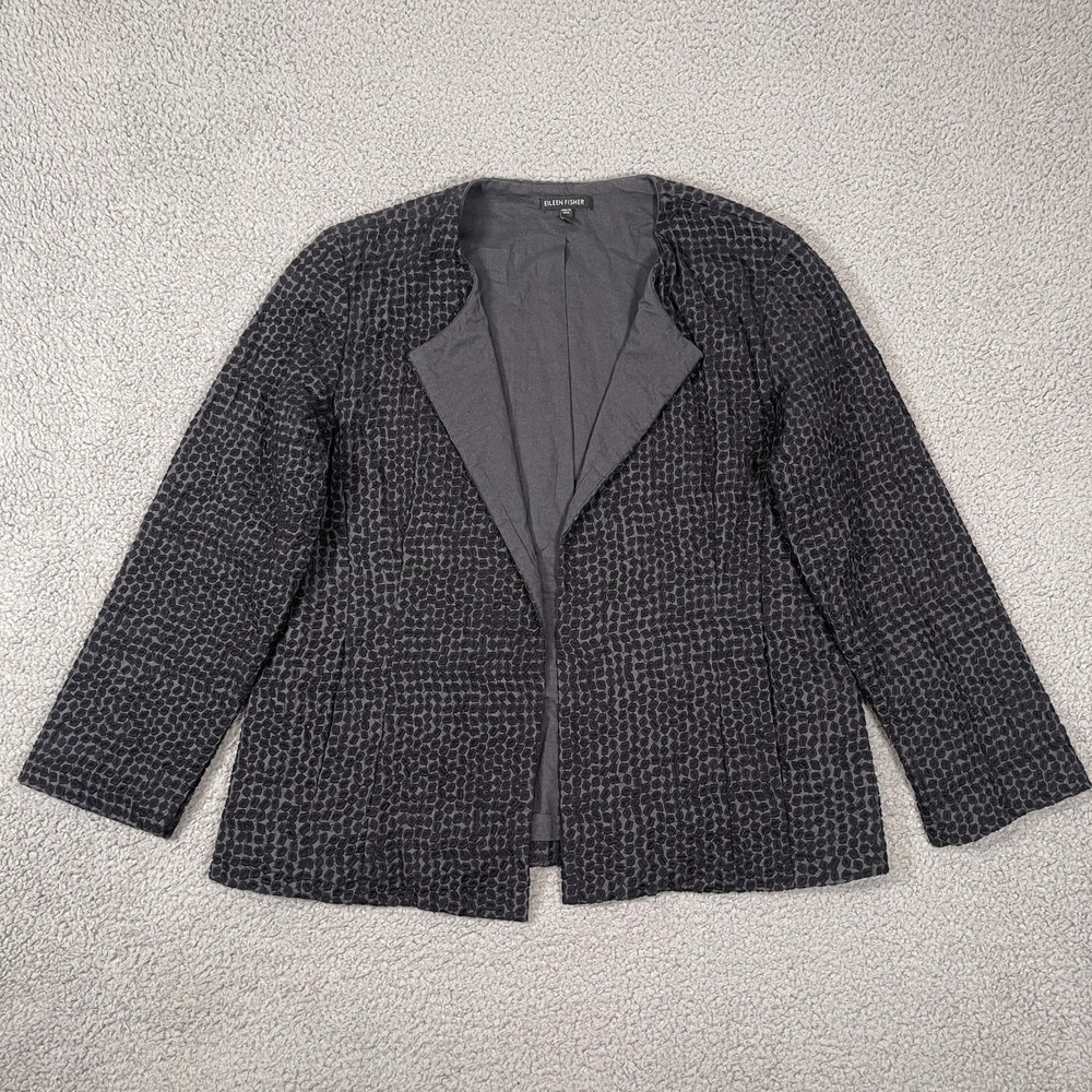 Eileen Fisher Jacket Blazer‎ Womens S Black Open Front Velvet Textured Cotton